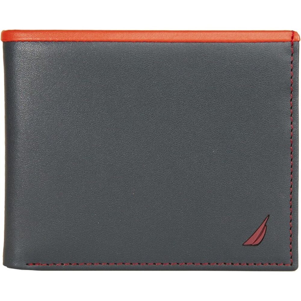 Nautica Men's Bifold Leather Wallet RFID Blocking Navy Red ID Window Card Slots
